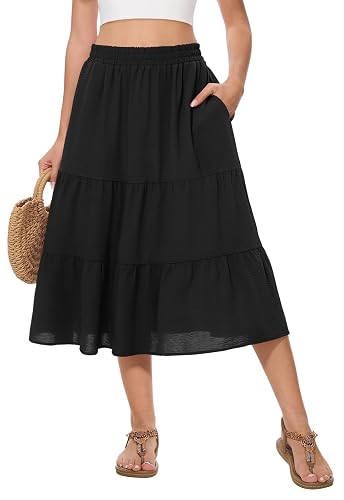 Women's Summer Midi Tiered Flowy High Waist A-Line Casual Skirts | built-in side pockets,Elastic Ruffle，flattering tiered ruffle design,lightweight breathable fabric
